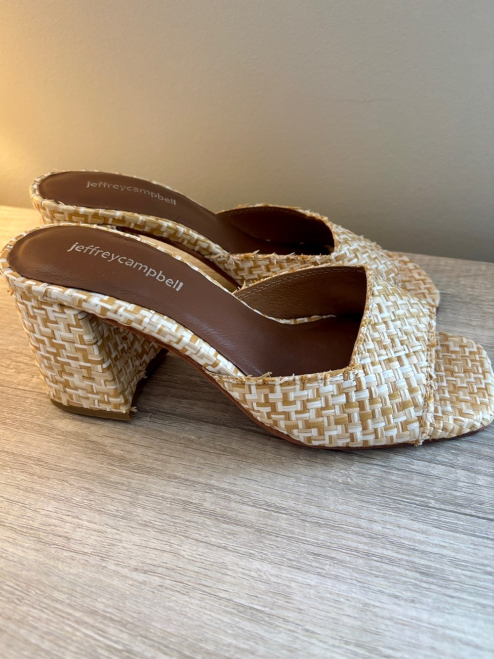 Jeffrey Campbell Tan & Cream Woven Block-Heel Mules
